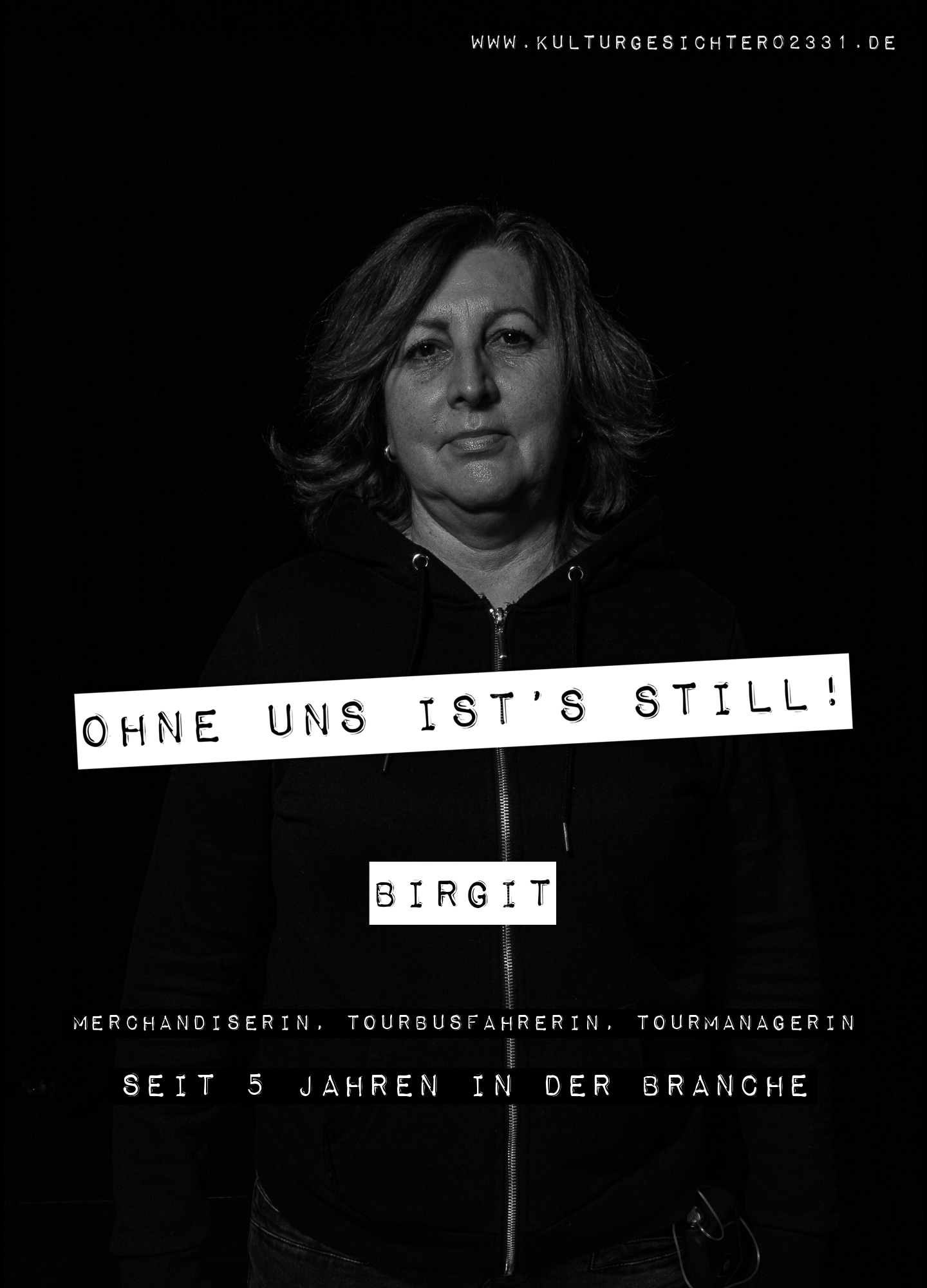 Birgit – Merchandiserin, Tourbusfahrerin, Tourmanagerin. Seit 5 Jahren in der Branche.